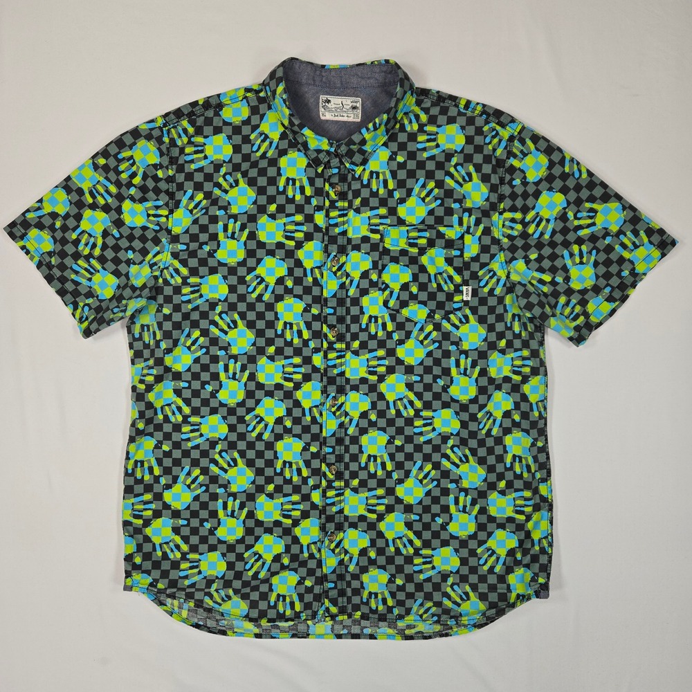 Vans Joel Tudor Men XL Y2K Neon Pop Art Checkerboard Handprint Button Shirt‎
